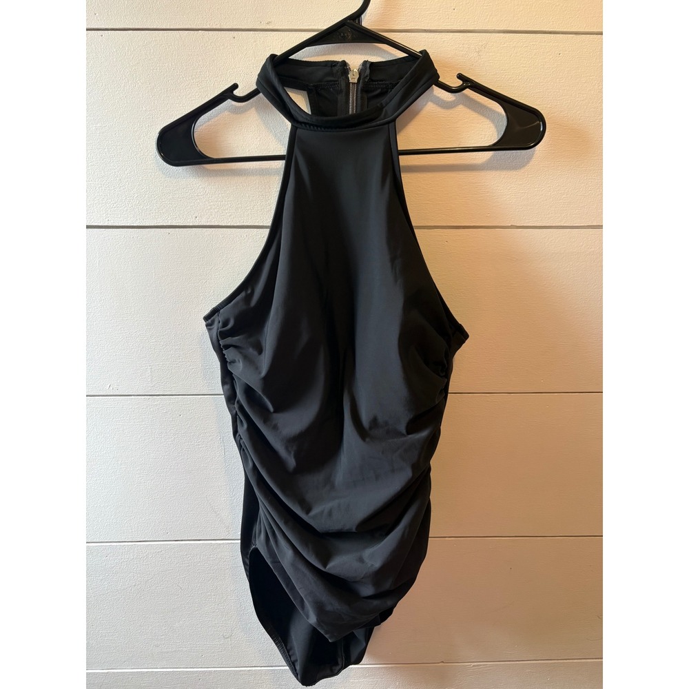 MagicSuit Black High Neck Halter Ruched One Piece Swimsuit 6003029 Womens 10
